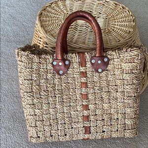 Genuine Leather Straw Beach Bag